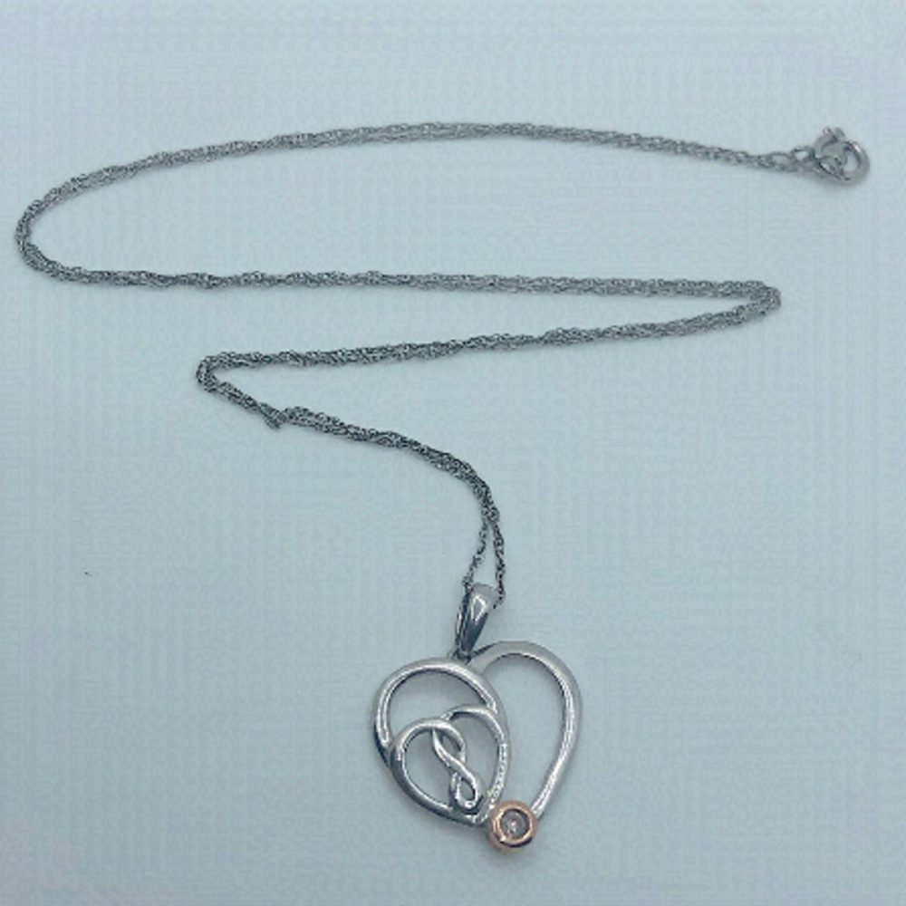 Sterling 10k Rose Gold & Diamond Heart Hearts Infinity Necklace 19” + .9”